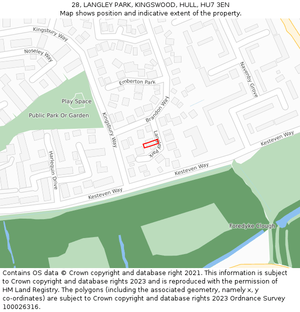 28, LANGLEY PARK, KINGSWOOD, HULL, HU7 3EN: Location map and indicative extent of plot