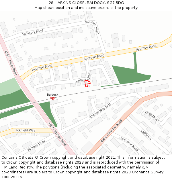 28, LARKINS CLOSE, BALDOCK, SG7 5DG: Location map and indicative extent of plot