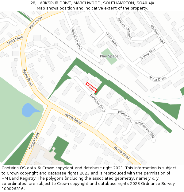 28, LARKSPUR DRIVE, MARCHWOOD, SOUTHAMPTON, SO40 4JX: Location map and indicative extent of plot