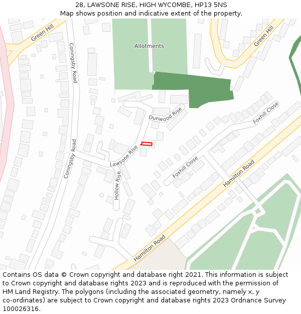 28, LAWSONE RISE, HIGH WYCOMBE, HP13 5NS: Location map and indicative extent of plot