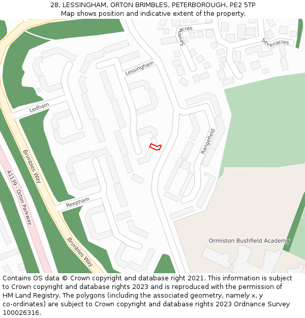 28, LESSINGHAM, ORTON BRIMBLES, PETERBOROUGH, PE2 5TP: Location map and indicative extent of plot