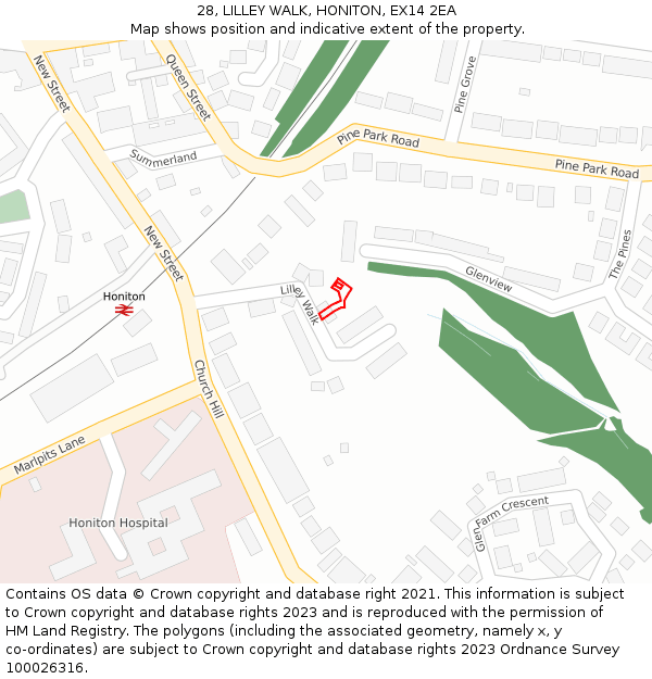 28, LILLEY WALK, HONITON, EX14 2EA: Location map and indicative extent of plot