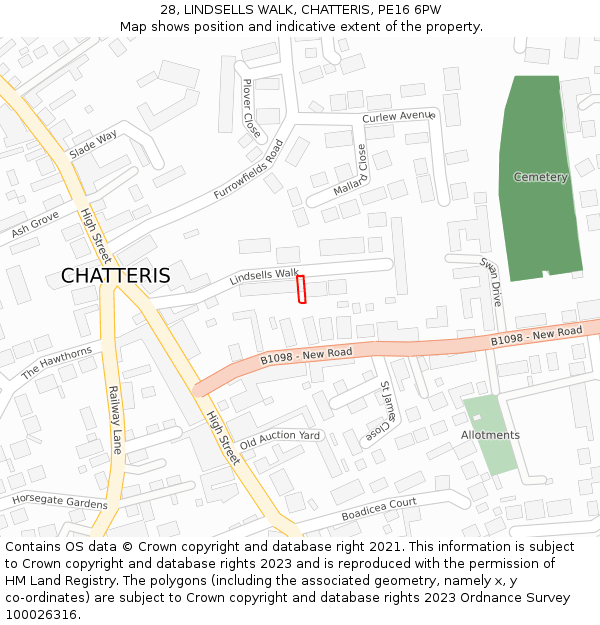 28, LINDSELLS WALK, CHATTERIS, PE16 6PW: Location map and indicative extent of plot