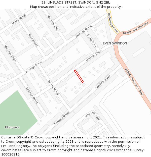 28, LINSLADE STREET, SWINDON, SN2 2BL: Location map and indicative extent of plot