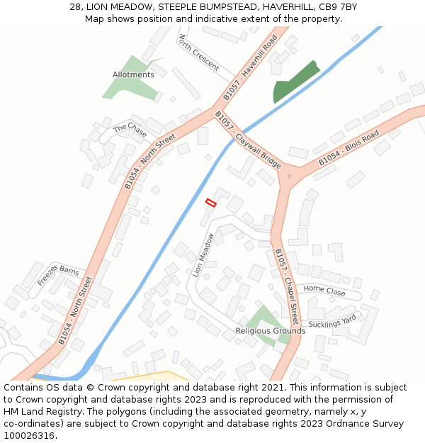 28, LION MEADOW, STEEPLE BUMPSTEAD, HAVERHILL, CB9 7BY: Location map and indicative extent of plot