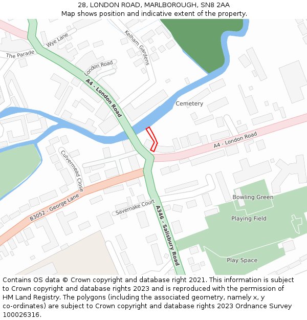 28, LONDON ROAD, MARLBOROUGH, SN8 2AA: Location map and indicative extent of plot