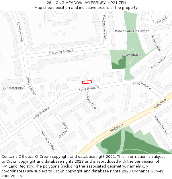 28, LONG MEADOW, AYLESBURY, HP21 7EH: Location map and indicative extent of plot