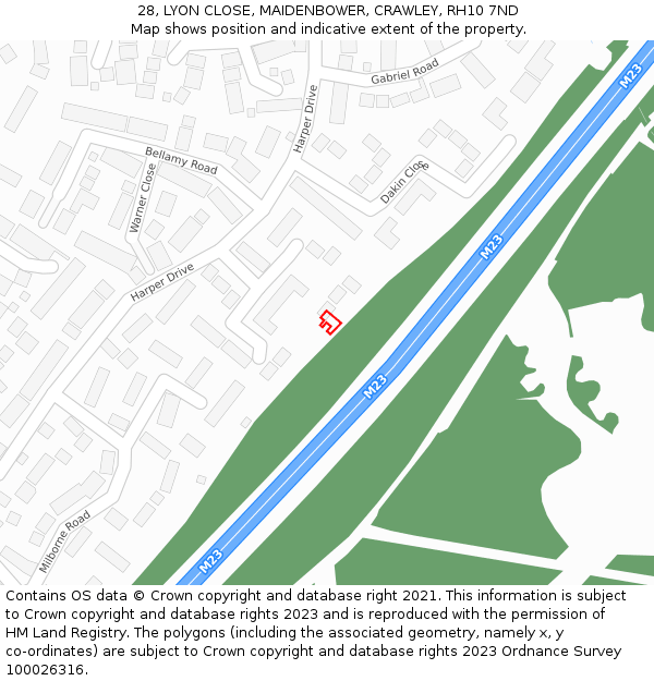 28, LYON CLOSE, MAIDENBOWER, CRAWLEY, RH10 7ND: Location map and indicative extent of plot