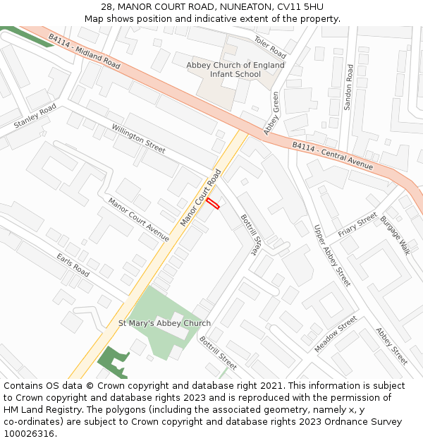 28, MANOR COURT ROAD, NUNEATON, CV11 5HU: Location map and indicative extent of plot