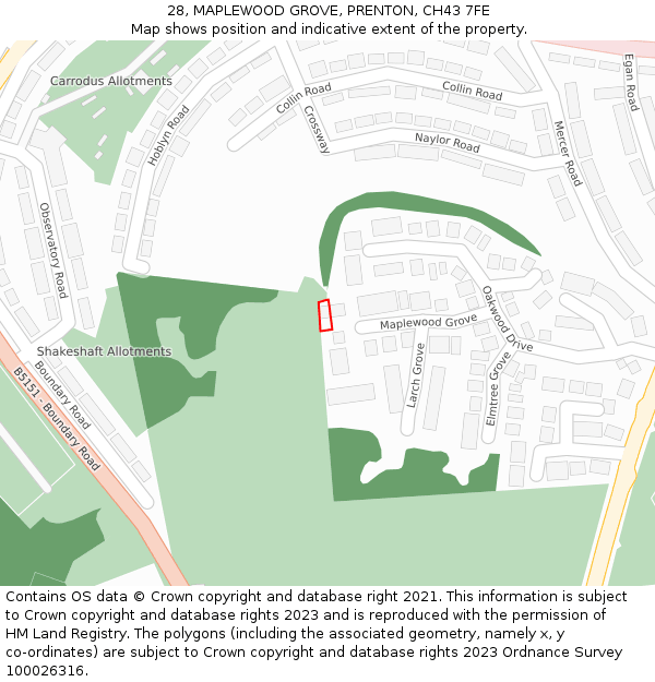28, MAPLEWOOD GROVE, PRENTON, CH43 7FE: Location map and indicative extent of plot