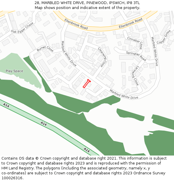 28, MARBLED WHITE DRIVE, PINEWOOD, IPSWICH, IP8 3TL: Location map and indicative extent of plot