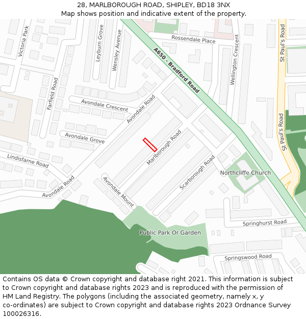 28, MARLBOROUGH ROAD, SHIPLEY, BD18 3NX: Location map and indicative extent of plot