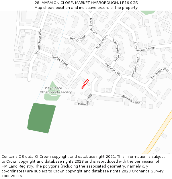 28, MARMION CLOSE, MARKET HARBOROUGH, LE16 9GS: Location map and indicative extent of plot