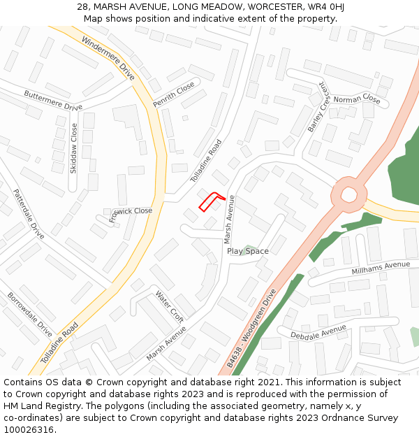 28, MARSH AVENUE, LONG MEADOW, WORCESTER, WR4 0HJ: Location map and indicative extent of plot