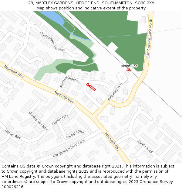 28, MARTLEY GARDENS, HEDGE END, SOUTHAMPTON, SO30 2XA: Location map and indicative extent of plot