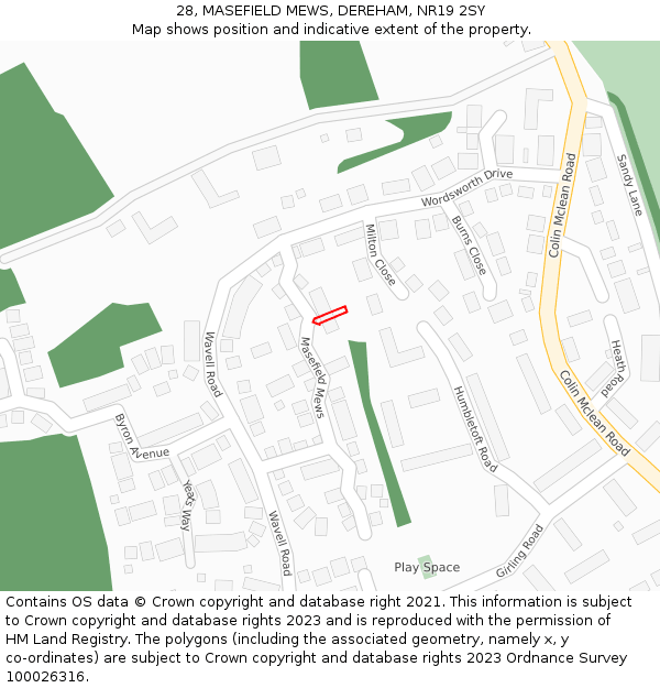 28, MASEFIELD MEWS, DEREHAM, NR19 2SY: Location map and indicative extent of plot