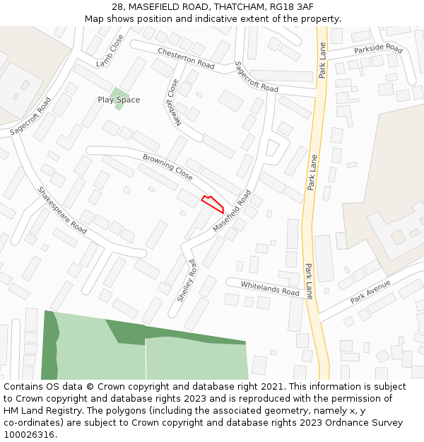 28, MASEFIELD ROAD, THATCHAM, RG18 3AF: Location map and indicative extent of plot