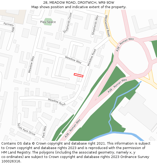 28, MEADOW ROAD, DROITWICH, WR9 9DW: Location map and indicative extent of plot
