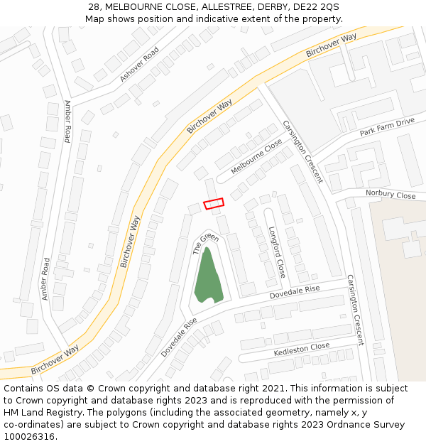28, MELBOURNE CLOSE, ALLESTREE, DERBY, DE22 2QS: Location map and indicative extent of plot