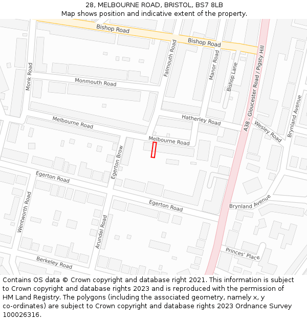 28, MELBOURNE ROAD, BRISTOL, BS7 8LB: Location map and indicative extent of plot