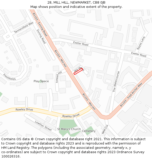 28, MILL HILL, NEWMARKET, CB8 0JB: Location map and indicative extent of plot