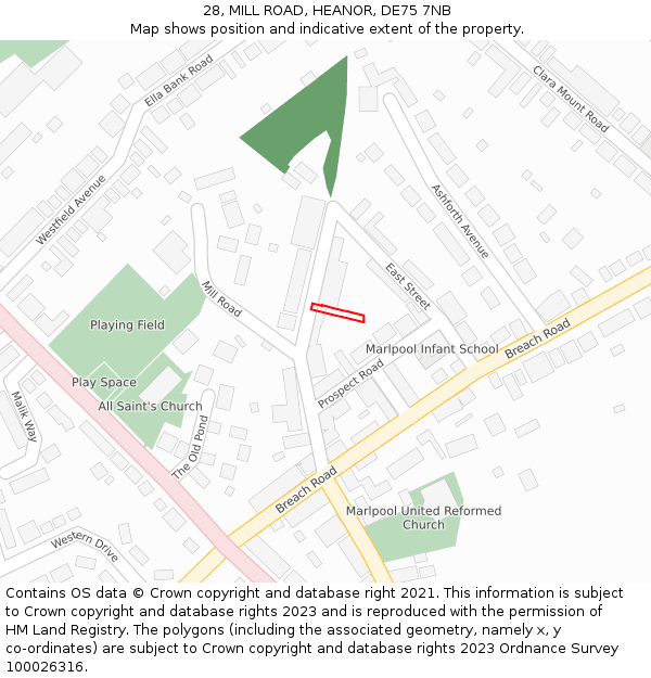 28, MILL ROAD, HEANOR, DE75 7NB: Location map and indicative extent of plot
