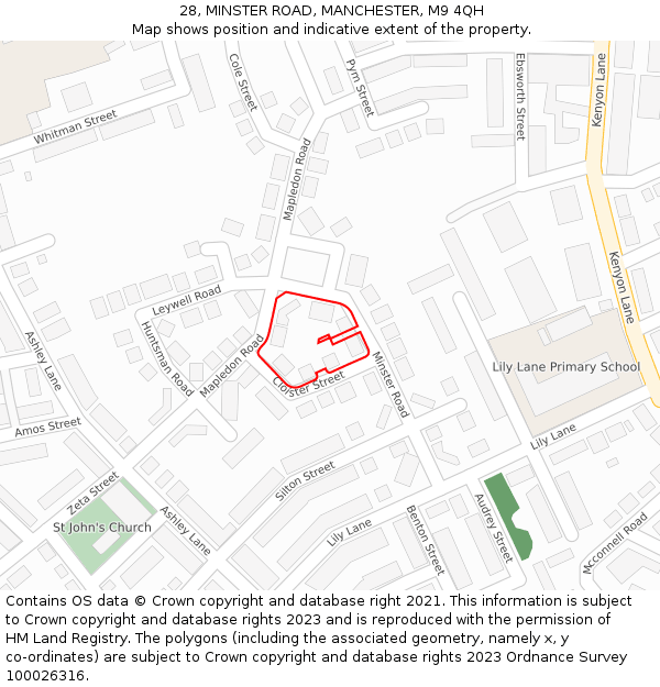 28, MINSTER ROAD, MANCHESTER, M9 4QH: Location map and indicative extent of plot