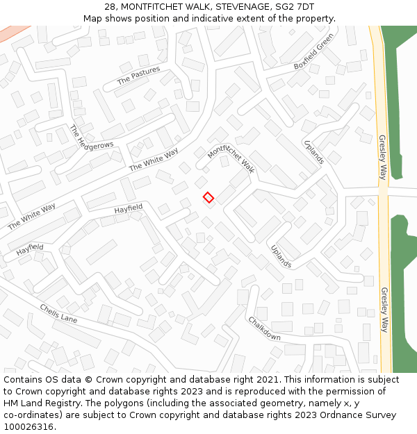28, MONTFITCHET WALK, STEVENAGE, SG2 7DT: Location map and indicative extent of plot