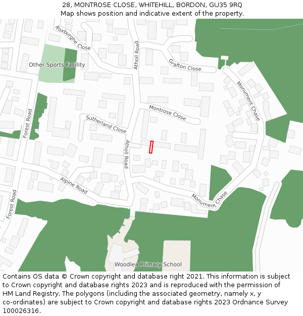 28, MONTROSE CLOSE, WHITEHILL, BORDON, GU35 9RQ: Location map and indicative extent of plot