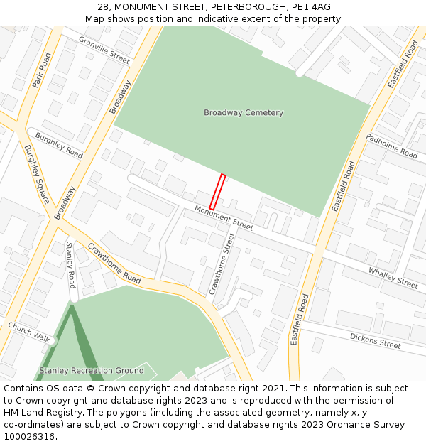 28, MONUMENT STREET, PETERBOROUGH, PE1 4AG: Location map and indicative extent of plot