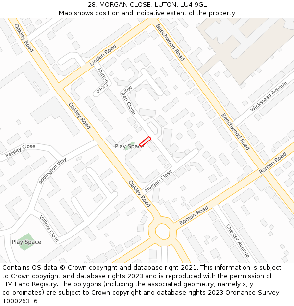 28, MORGAN CLOSE, LUTON, LU4 9GL: Location map and indicative extent of plot