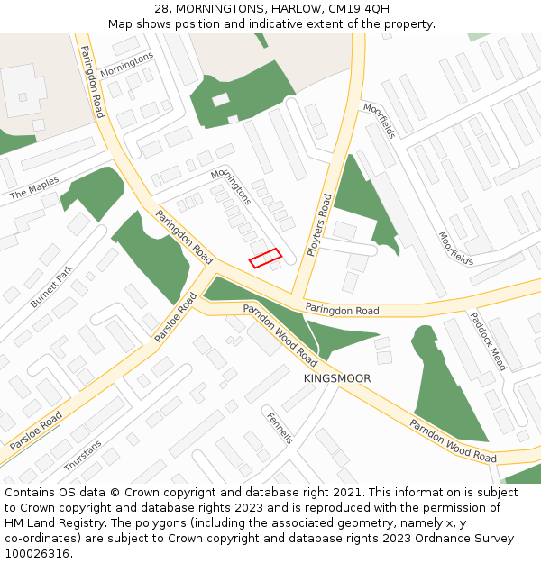 28, MORNINGTONS, HARLOW, CM19 4QH: Location map and indicative extent of plot