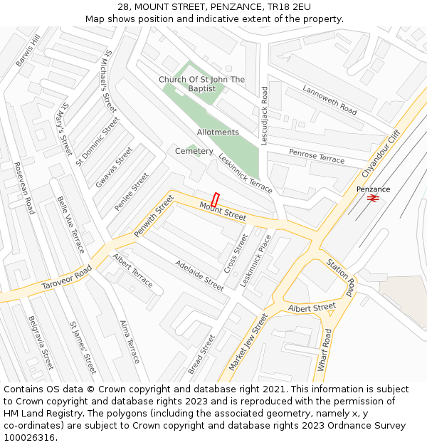 28, MOUNT STREET, PENZANCE, TR18 2EU: Location map and indicative extent of plot