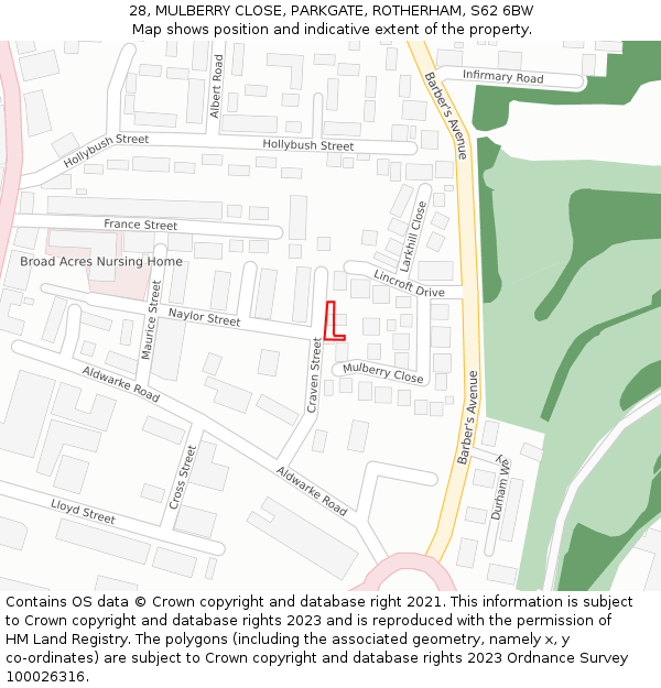 28, MULBERRY CLOSE, PARKGATE, ROTHERHAM, S62 6BW: Location map and indicative extent of plot