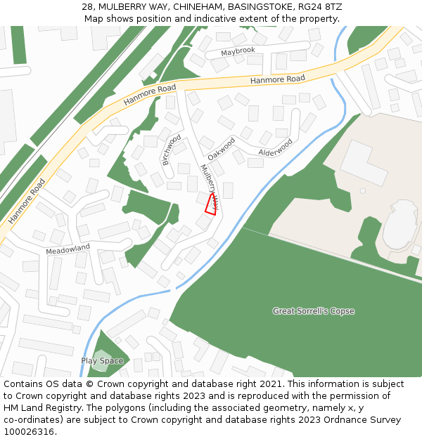 28, MULBERRY WAY, CHINEHAM, BASINGSTOKE, RG24 8TZ: Location map and indicative extent of plot