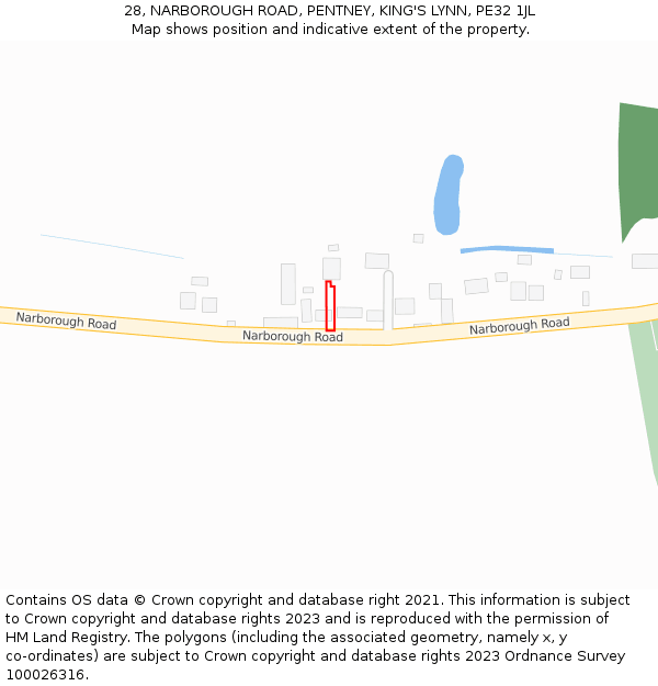 28, NARBOROUGH ROAD, PENTNEY, KING'S LYNN, PE32 1JL: Location map and indicative extent of plot
