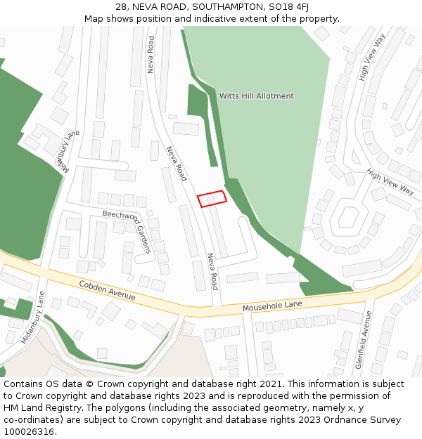 28, NEVA ROAD, SOUTHAMPTON, SO18 4FJ: Location map and indicative extent of plot