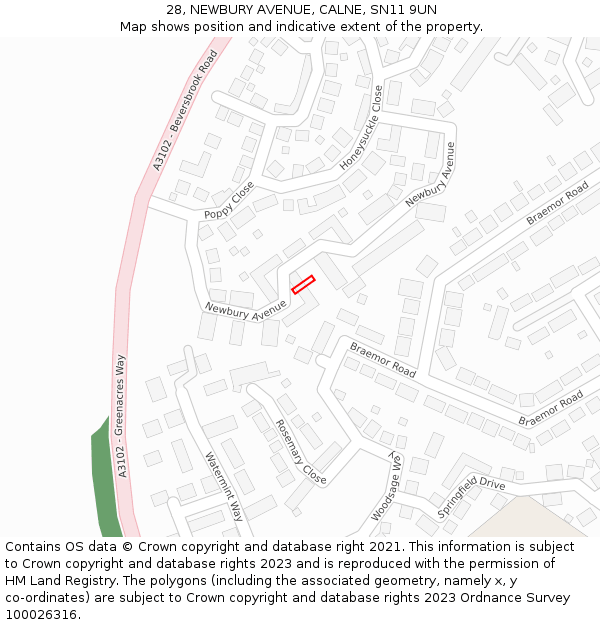 28, NEWBURY AVENUE, CALNE, SN11 9UN: Location map and indicative extent of plot