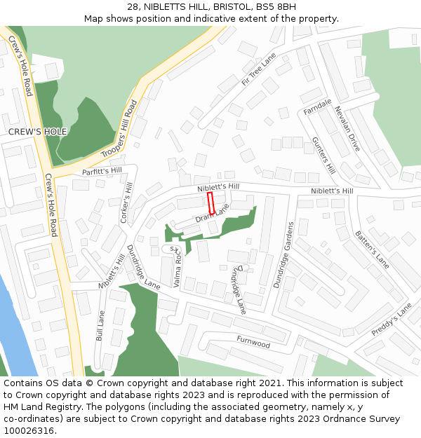 28, NIBLETTS HILL, BRISTOL, BS5 8BH: Location map and indicative extent of plot