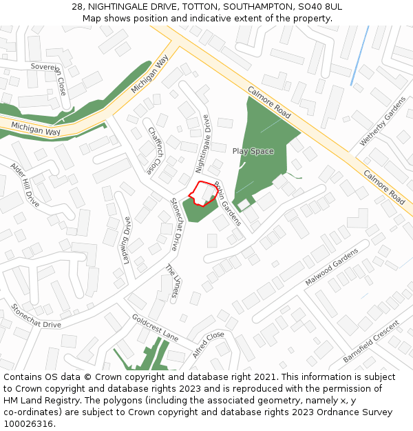 28, NIGHTINGALE DRIVE, TOTTON, SOUTHAMPTON, SO40 8UL: Location map and indicative extent of plot