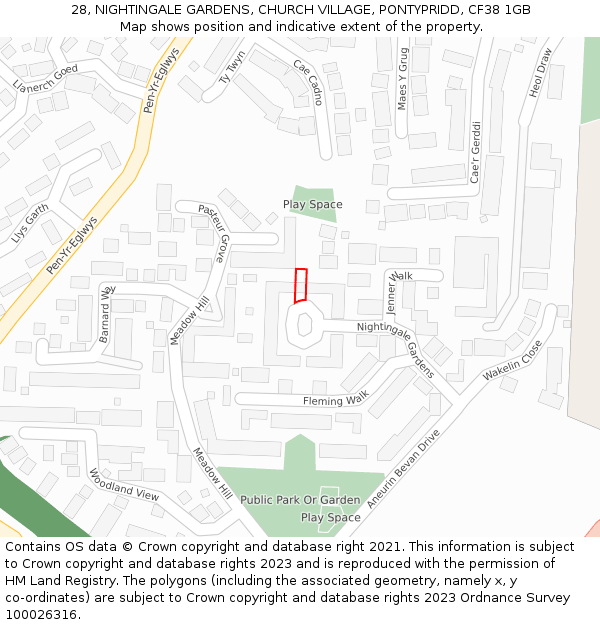 28, NIGHTINGALE GARDENS, CHURCH VILLAGE, PONTYPRIDD, CF38 1GB: Location map and indicative extent of plot