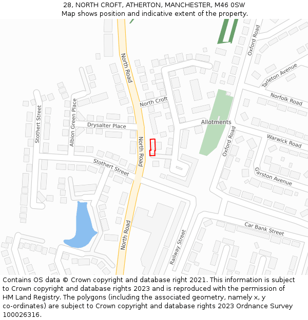 28, NORTH CROFT, ATHERTON, MANCHESTER, M46 0SW: Location map and indicative extent of plot