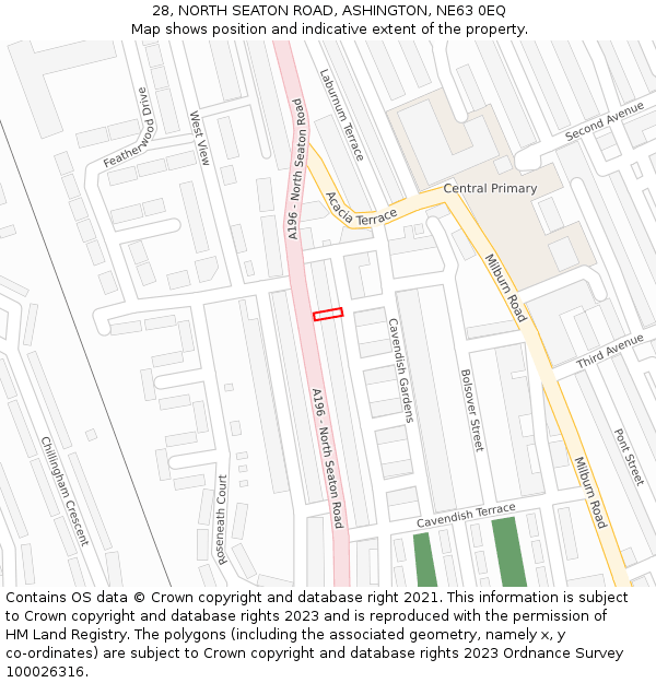 28, NORTH SEATON ROAD, ASHINGTON, NE63 0EQ: Location map and indicative extent of plot