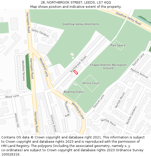 28, NORTHBROOK STREET, LEEDS, LS7 4QQ: Location map and indicative extent of plot