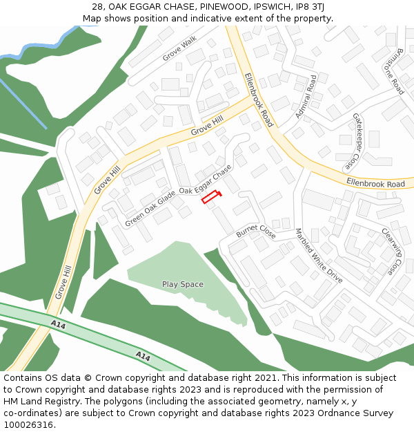 28, OAK EGGAR CHASE, PINEWOOD, IPSWICH, IP8 3TJ: Location map and indicative extent of plot