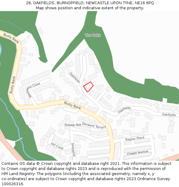28, OAKFIELDS, BURNOPFIELD, NEWCASTLE UPON TYNE, NE16 6PQ: Location map and indicative extent of plot