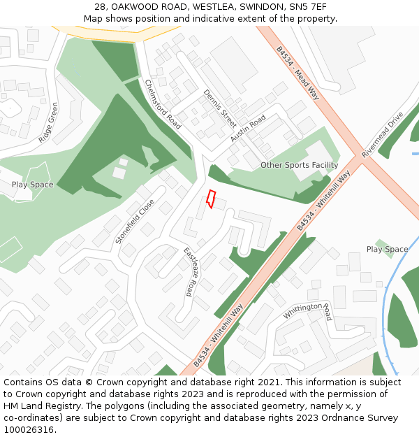 28, OAKWOOD ROAD, WESTLEA, SWINDON, SN5 7EF: Location map and indicative extent of plot