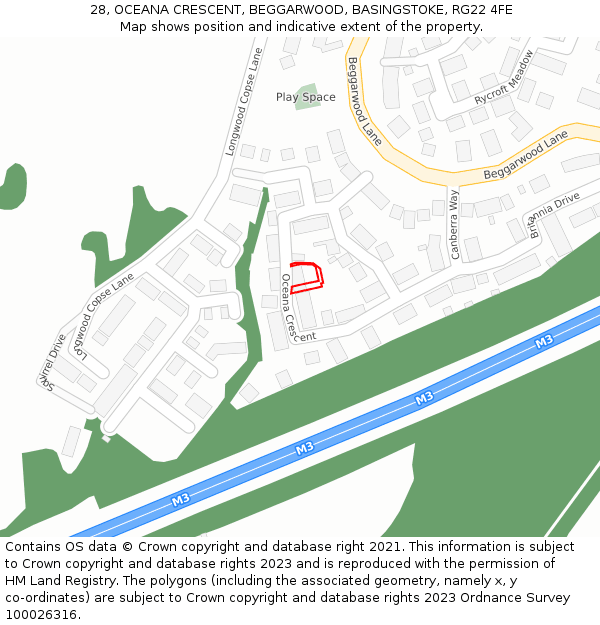 28, OCEANA CRESCENT, BEGGARWOOD, BASINGSTOKE, RG22 4FE: Location map and indicative extent of plot