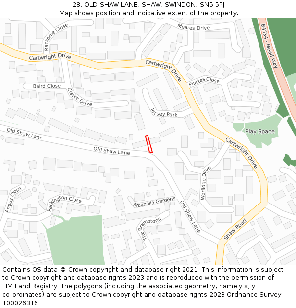 28, OLD SHAW LANE, SHAW, SWINDON, SN5 5PJ: Location map and indicative extent of plot