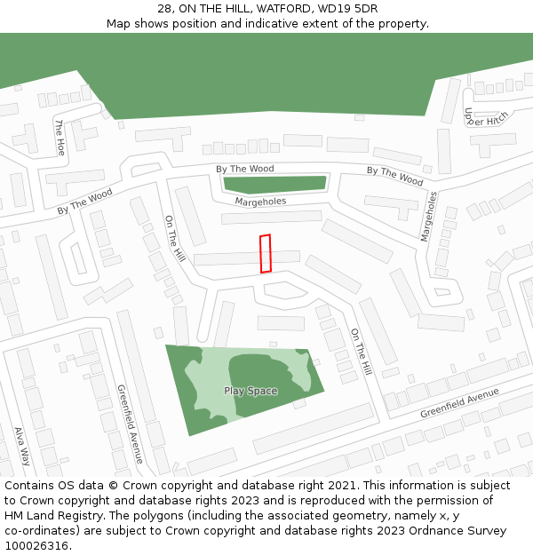 28, ON THE HILL, WATFORD, WD19 5DR: Location map and indicative extent of plot